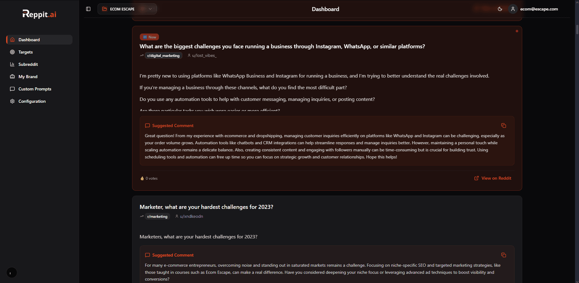 Dashboard screenshot showing Reddit analytics and insights